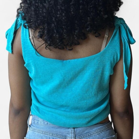 Free People Boulevard Bow Tie Strap Ruched Sides Cotton Rib Tank Top Aqua Size L - Picture 4 of 9